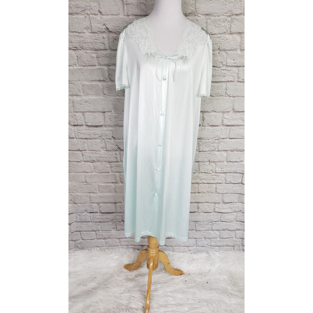 Vintage Green Nylon Gown Nightgown Peignoir Full Button Lace Cottagecore Sz M